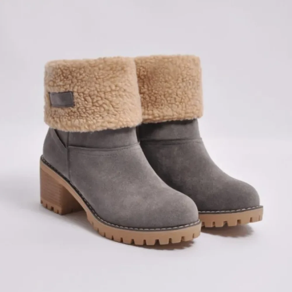 Women's Ankle Boots – Shearling Lining – Fold-Over Cuff – Block Heel & Rugged Sole