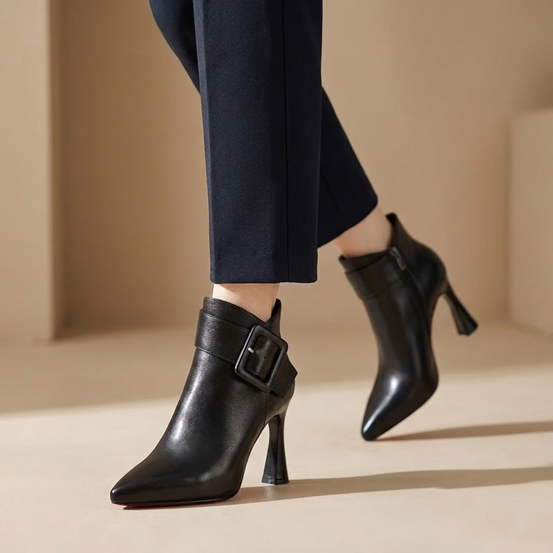 Women's Ankle Boots with Buckle Detail and Block Heel