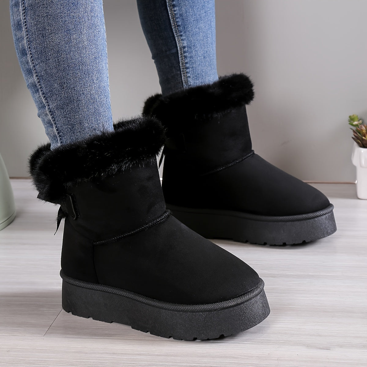 Women's Ankle Boots with Faux Fur Lining, Platform Sole, and Bow Detail