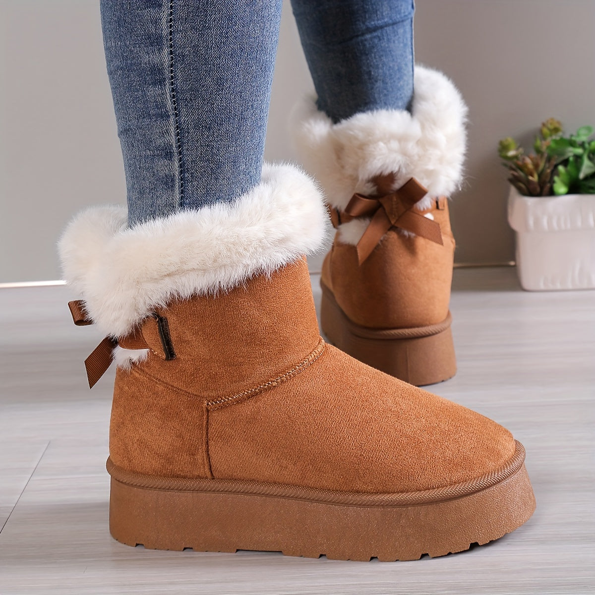 Women's Ankle Boots with Faux Fur Lining, Platform Sole, and Bow Detail