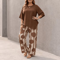 Women's Asymmetric Draped 2-Piece Set with Printed Wide-Leg Pants