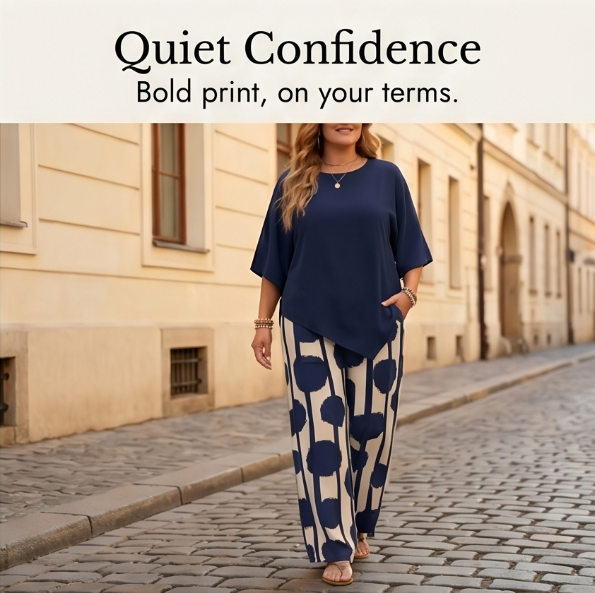 Women's Asymmetric Draped 2-Piece Set with Printed Wide-Leg Pants