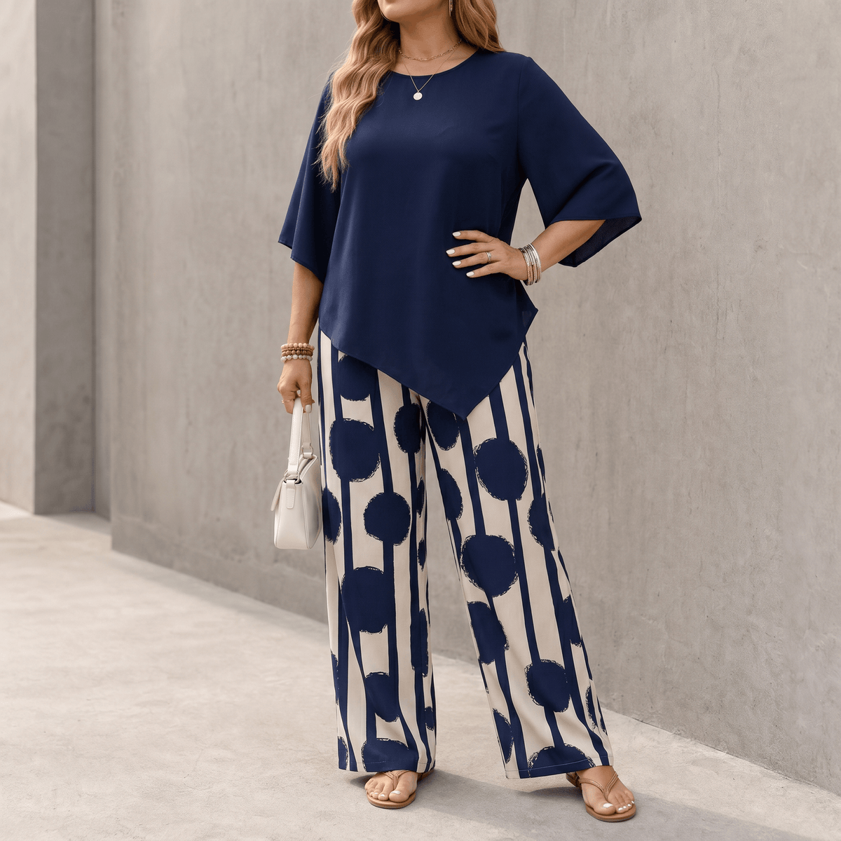Women's Asymmetric Draped 2-Piece Set with Printed Wide-Leg Pants