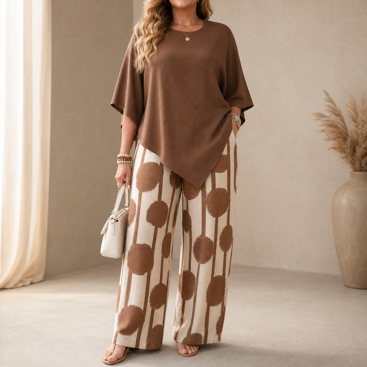 Women's Asymmetric Draped 2-Piece Set with Printed Wide-Leg Pants