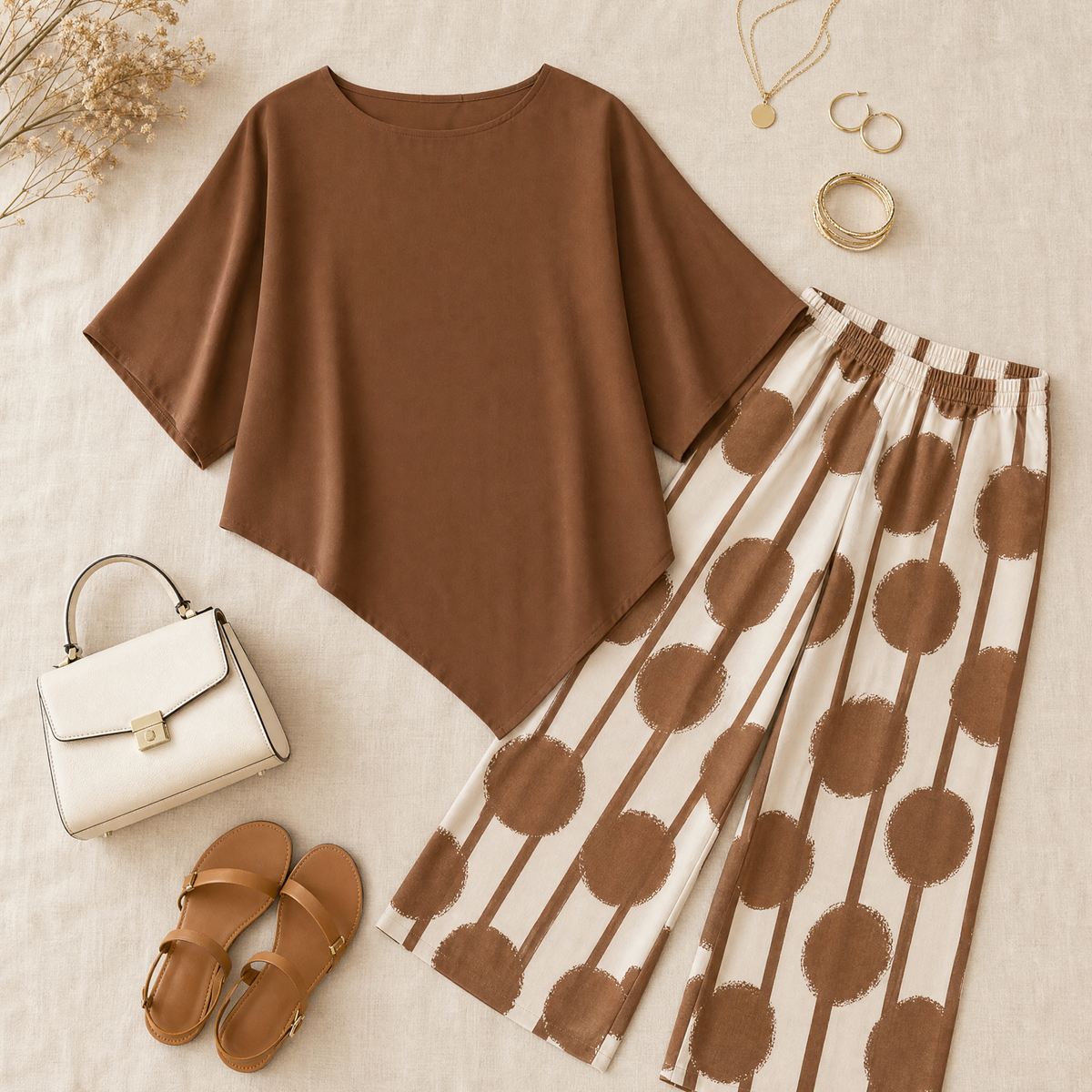 Women's Asymmetric Draped 2-Piece Set with Printed Wide-Leg Pants