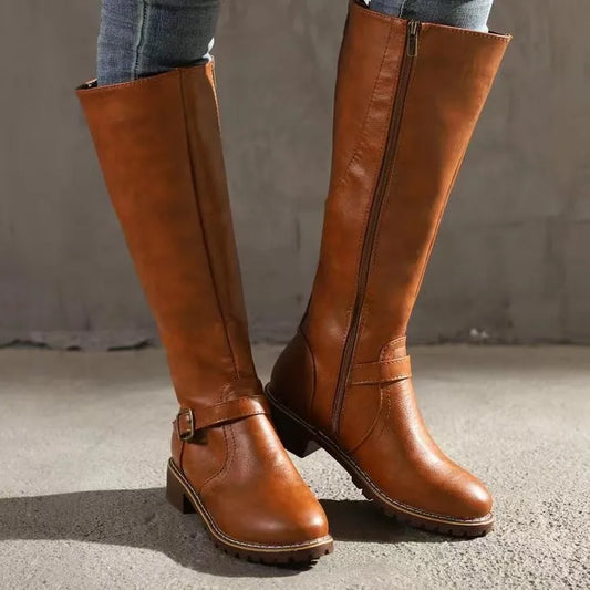 Women's Block Heel Boots - Knee-High Pull-On Boots