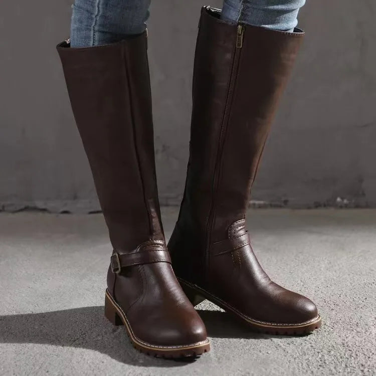 Women's Block Heel Boots - Knee-High Pull-On Boots
