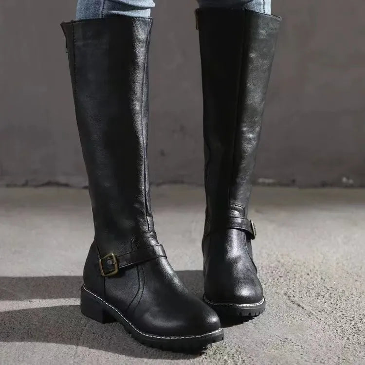 Women's Block Heel Boots - Knee-High Pull-On Boots