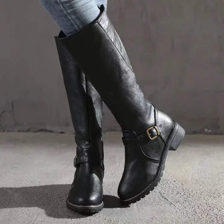 Women's Block Heel Boots - Knee-High Pull-On Boots