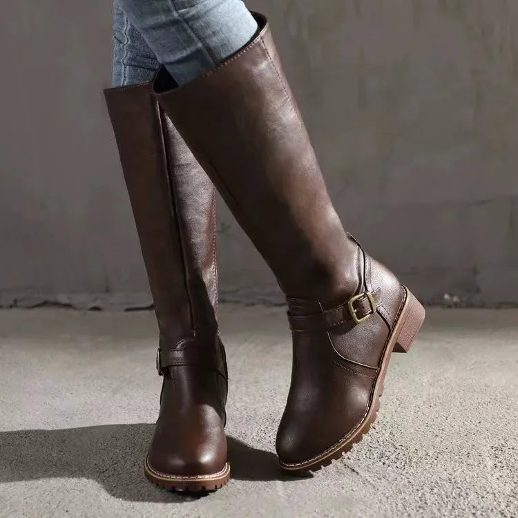 Women's Block Heel Boots - Knee-High Pull-On Boots