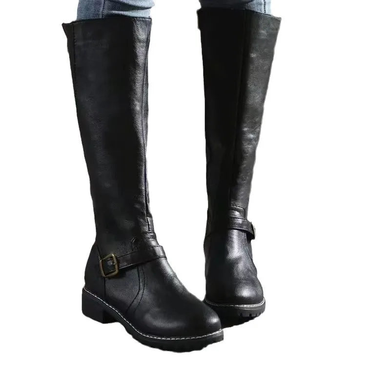 Women's Block Heel Boots - Knee-High Pull-On Boots