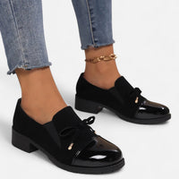 Women's Block Heel Loafers – Patent Leather Toe Cap Shoes with Bow