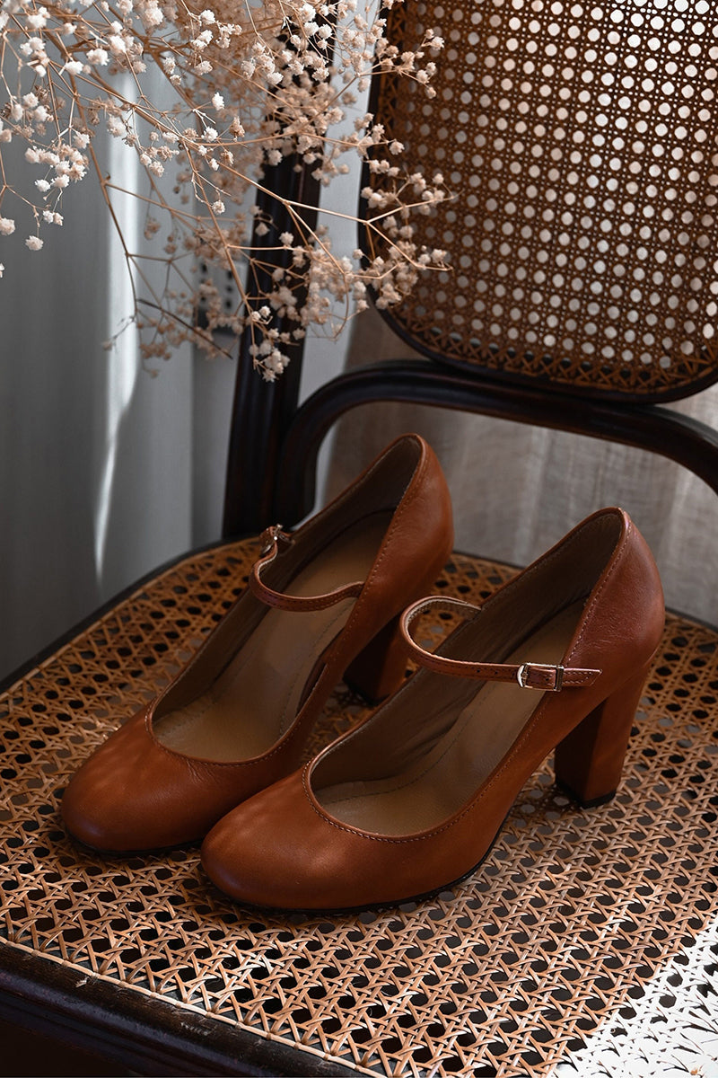 Women's Block Heel Pumps with Round Toe and Adjustable Buckle Strap