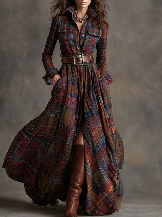 Women's Button-Down Plaid Maxi Dress