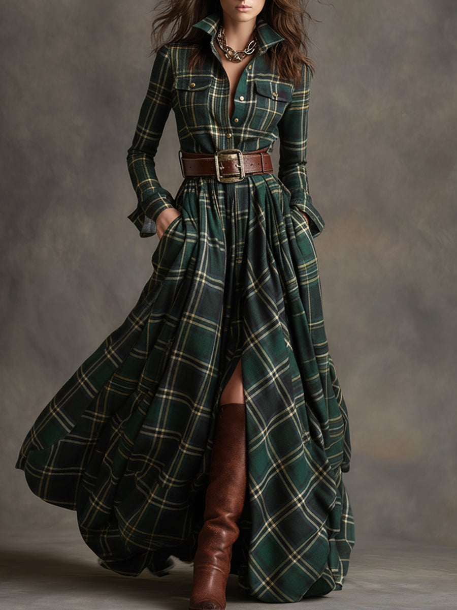 Women's Button-Down Plaid Maxi Dress