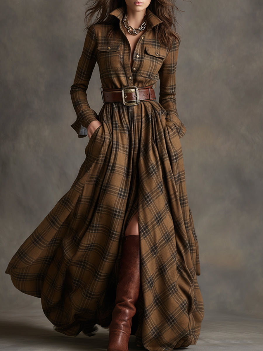 Women's Button-Down Plaid Maxi Dress