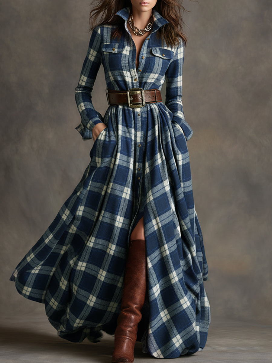 Women's Button-Down Plaid Maxi Dress