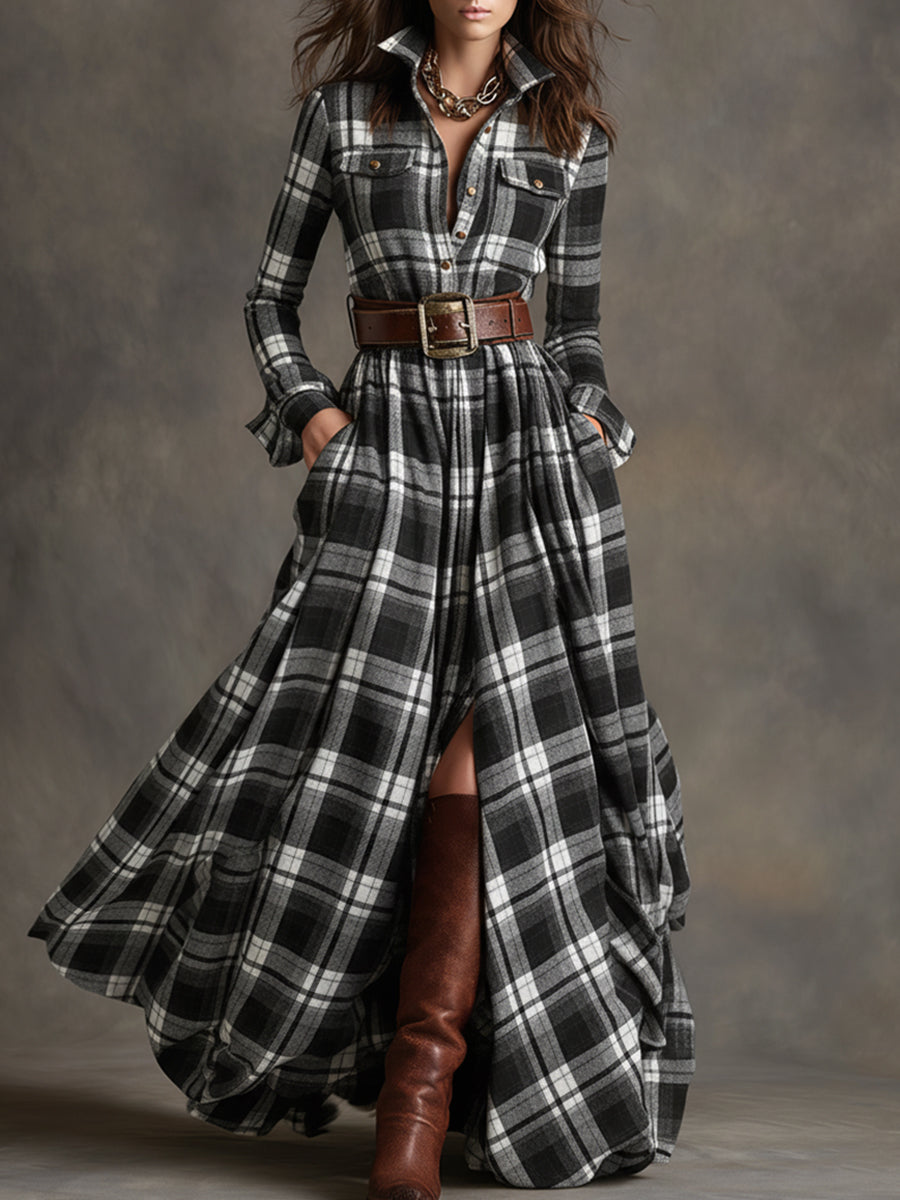 Women's Button-Down Plaid Maxi Dress