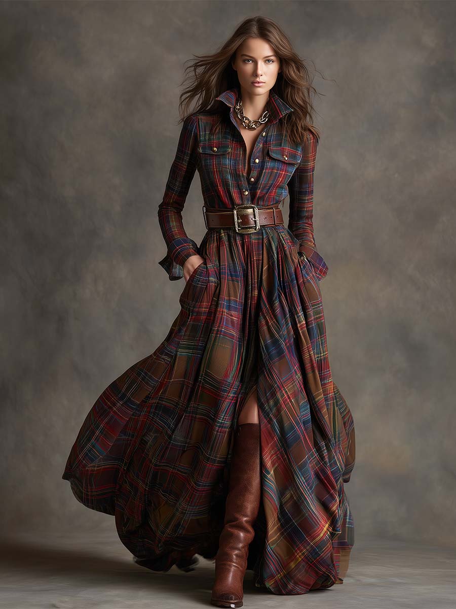 Women's Button-Down Plaid Maxi Dress