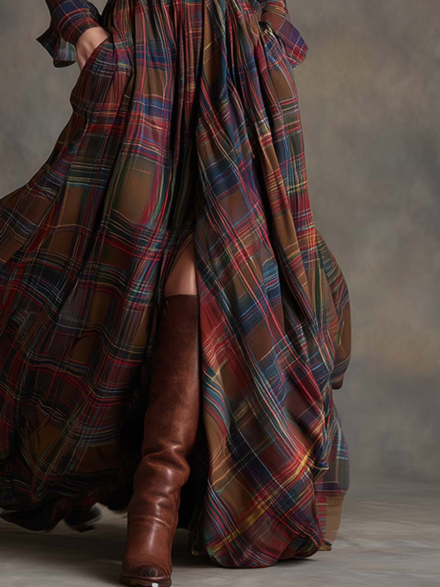 Women's Button-Down Plaid Maxi Dress