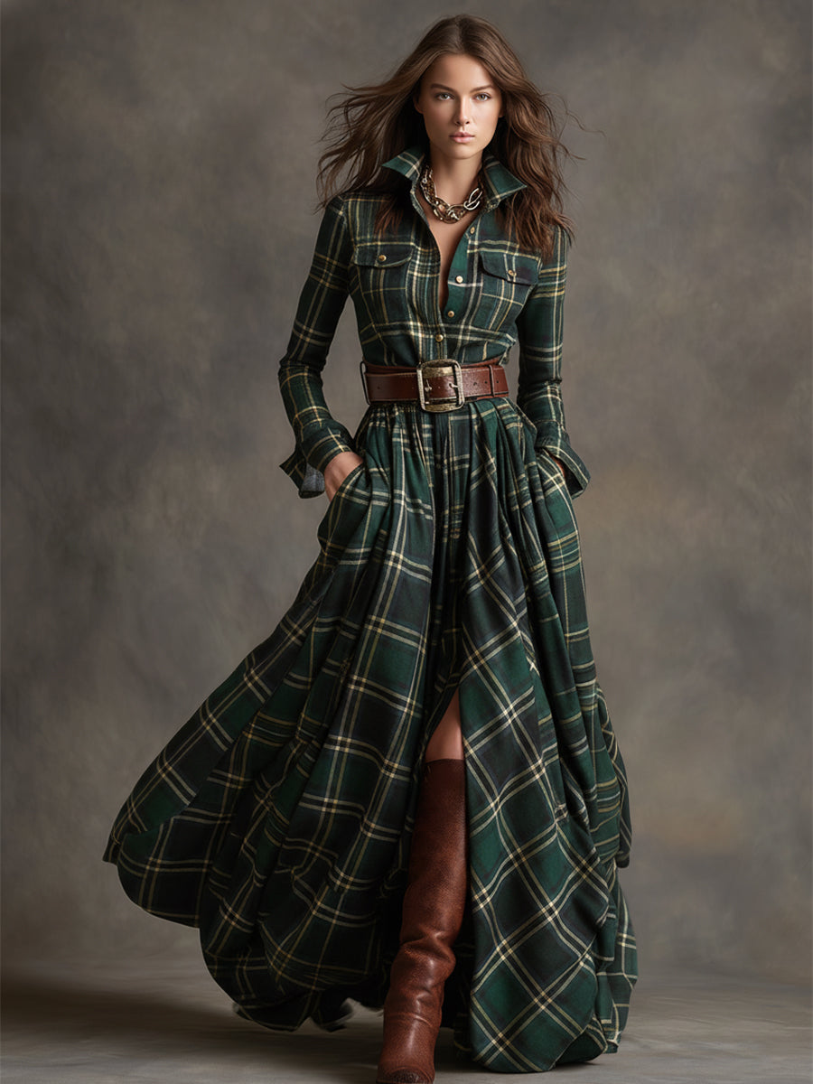 Women's Button-Down Plaid Maxi Dress