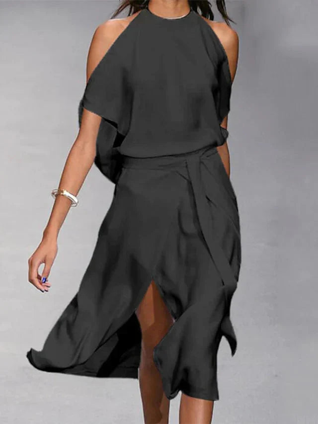 Women's Cold-Shoulder Wrap Midi Dress
