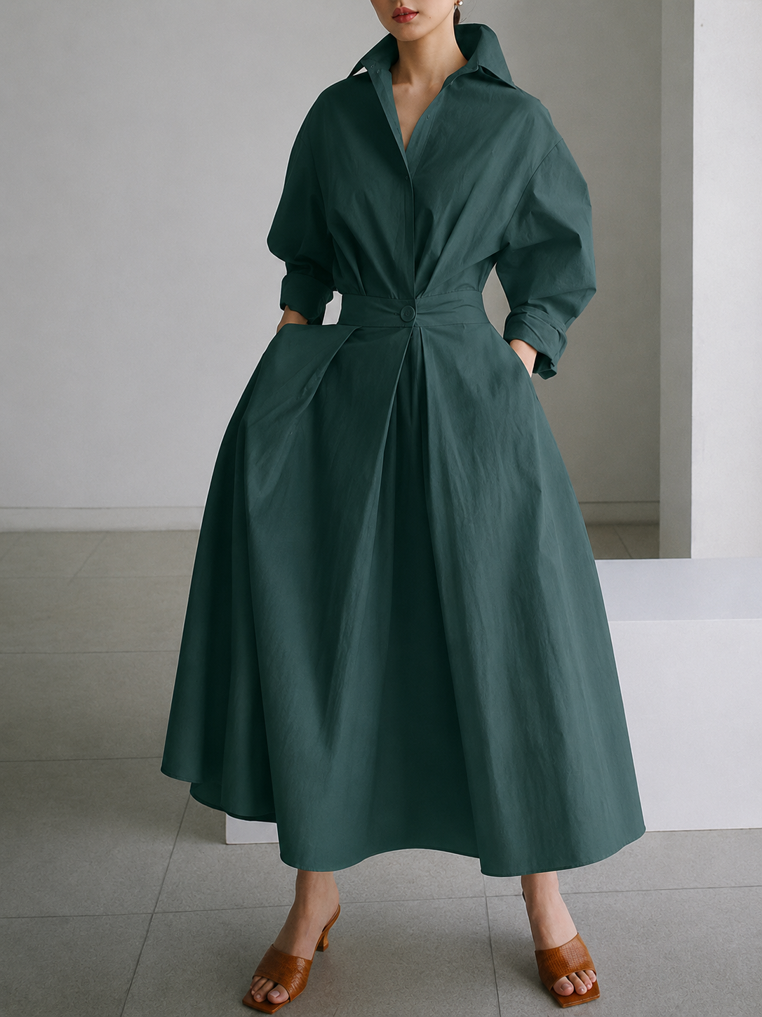 Women's Collared A-Line Midi Dress
