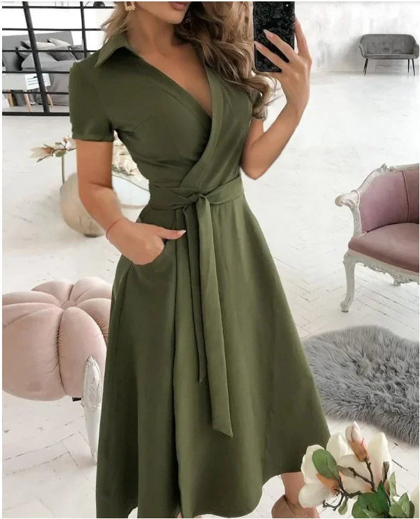 Women's Collared Wrap Midi Dress