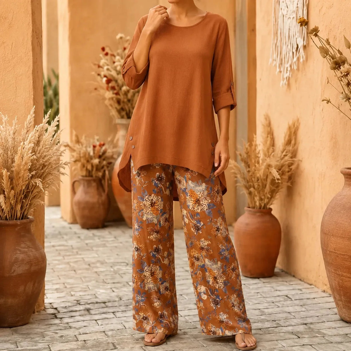 Women's Draped High-Low Tunic & Wide-Leg Pants Set
