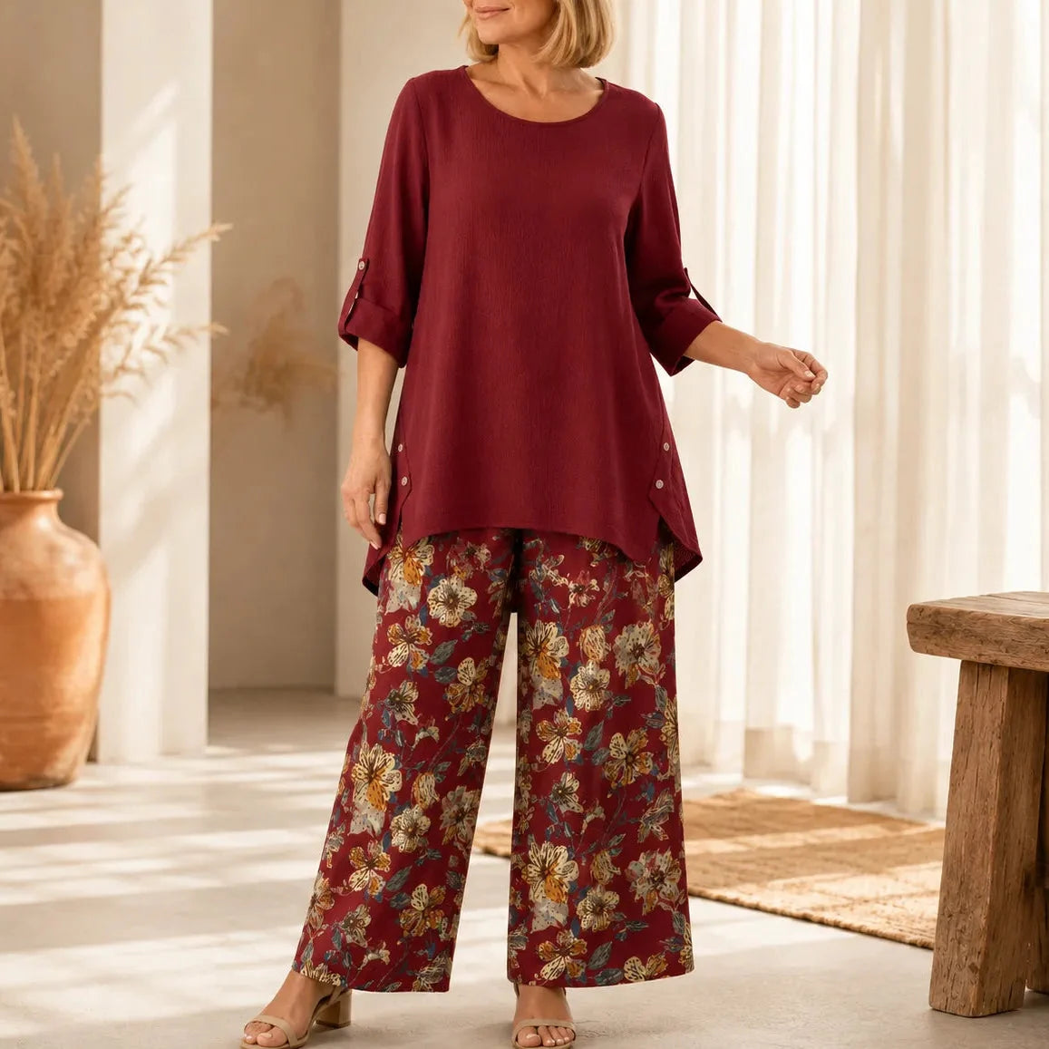 Women's Draped High-Low Tunic & Wide-Leg Pants Set