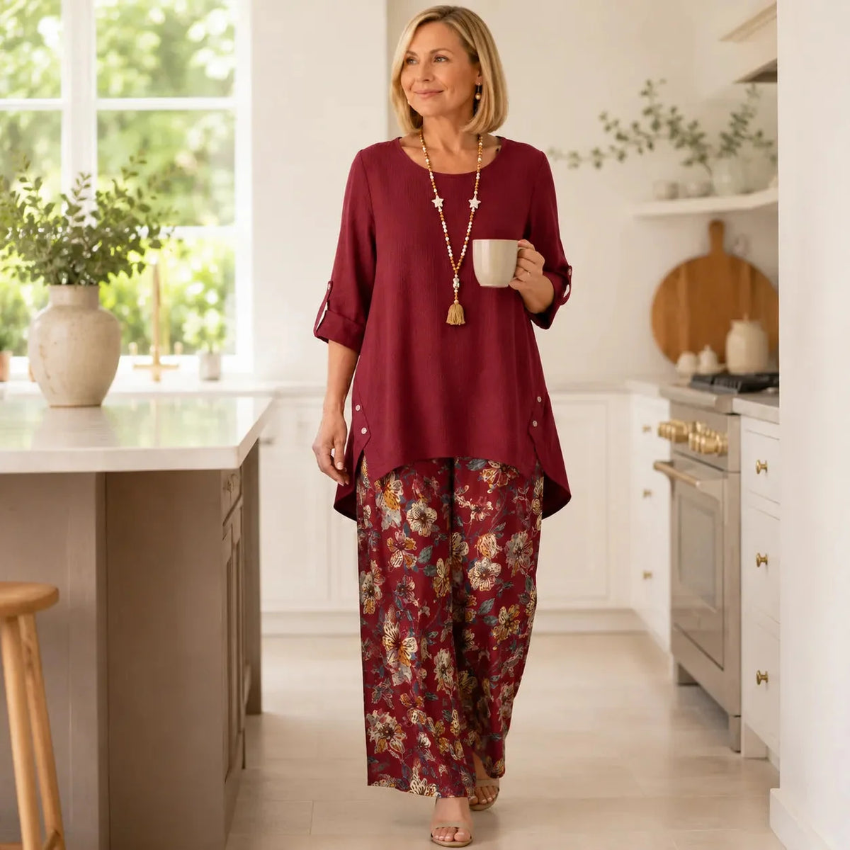 Women's Draped High-Low Tunic & Wide-Leg Pants Set
