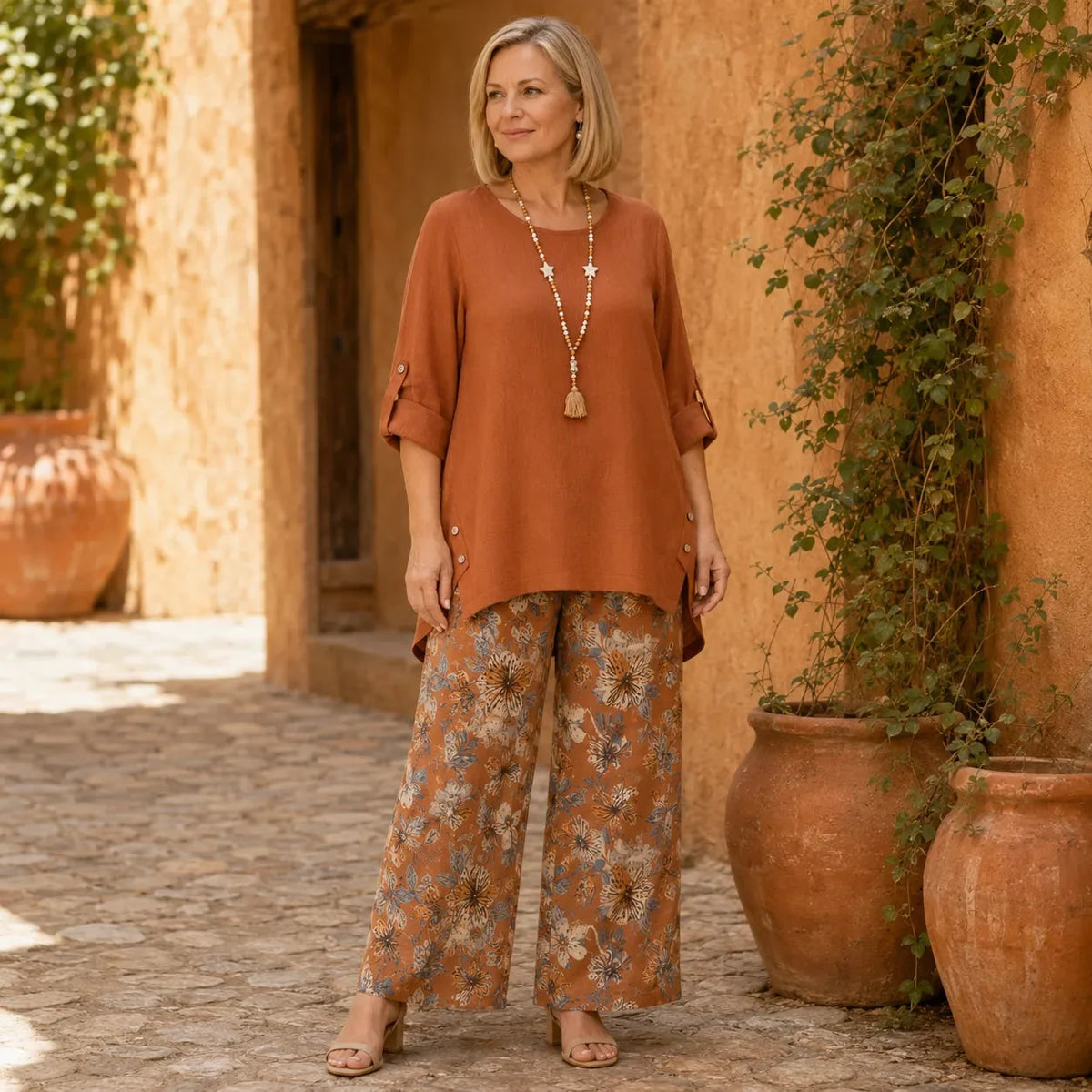 Women's Draped High-Low Tunic & Wide-Leg Pants Set