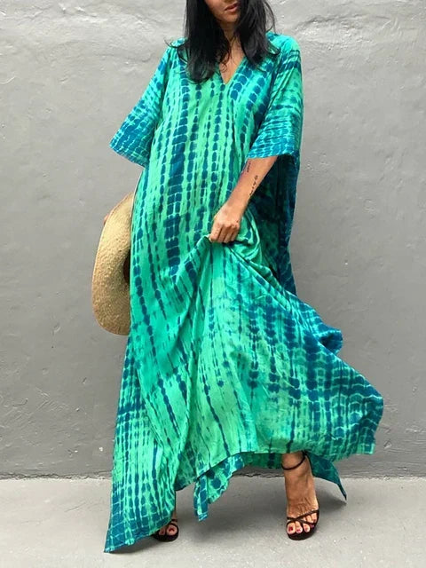 Women's Effortless Green Boho Maxi Dress in Casual Caftan Style