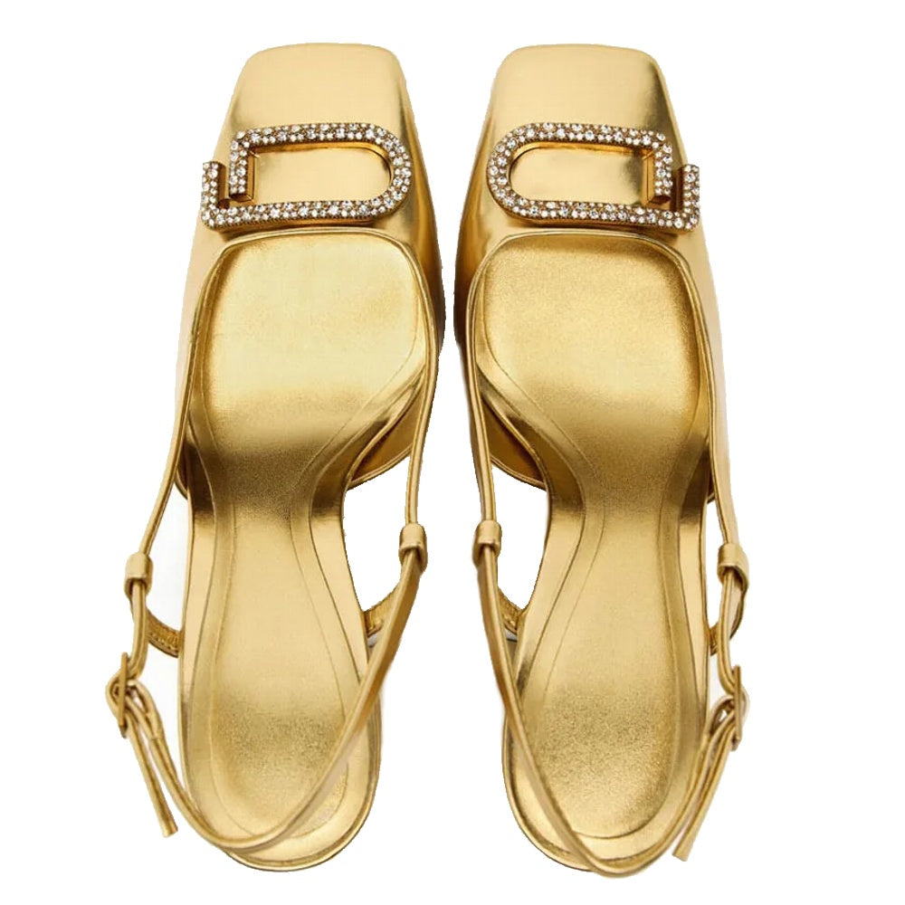 Women's Elegant Slingback High Heels with Rhinestone Block Heel