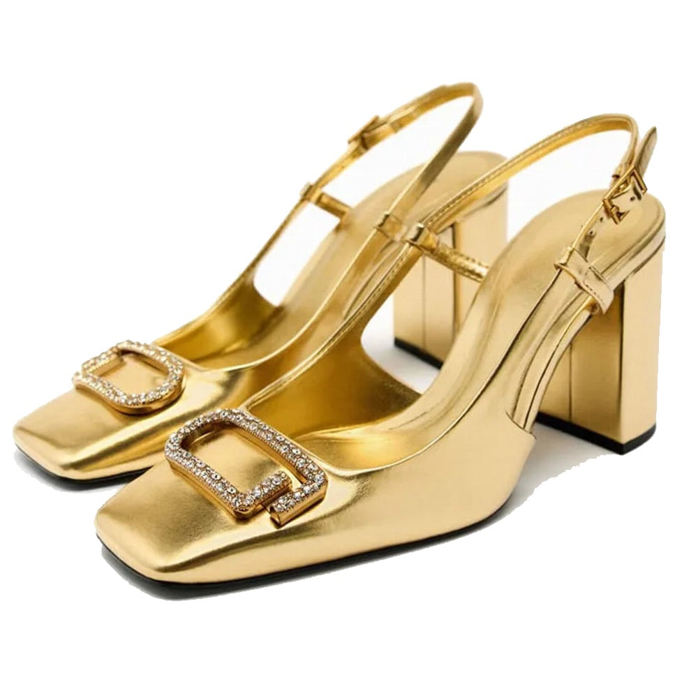 Women's Elegant Slingback High Heels with Rhinestone Block Heel