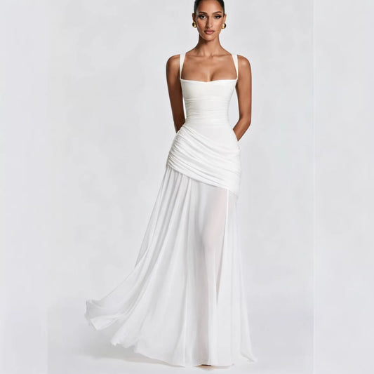 Women's Elegant Wedding Dress with Tailored Ruffles and Flowing Chiffon Skirt