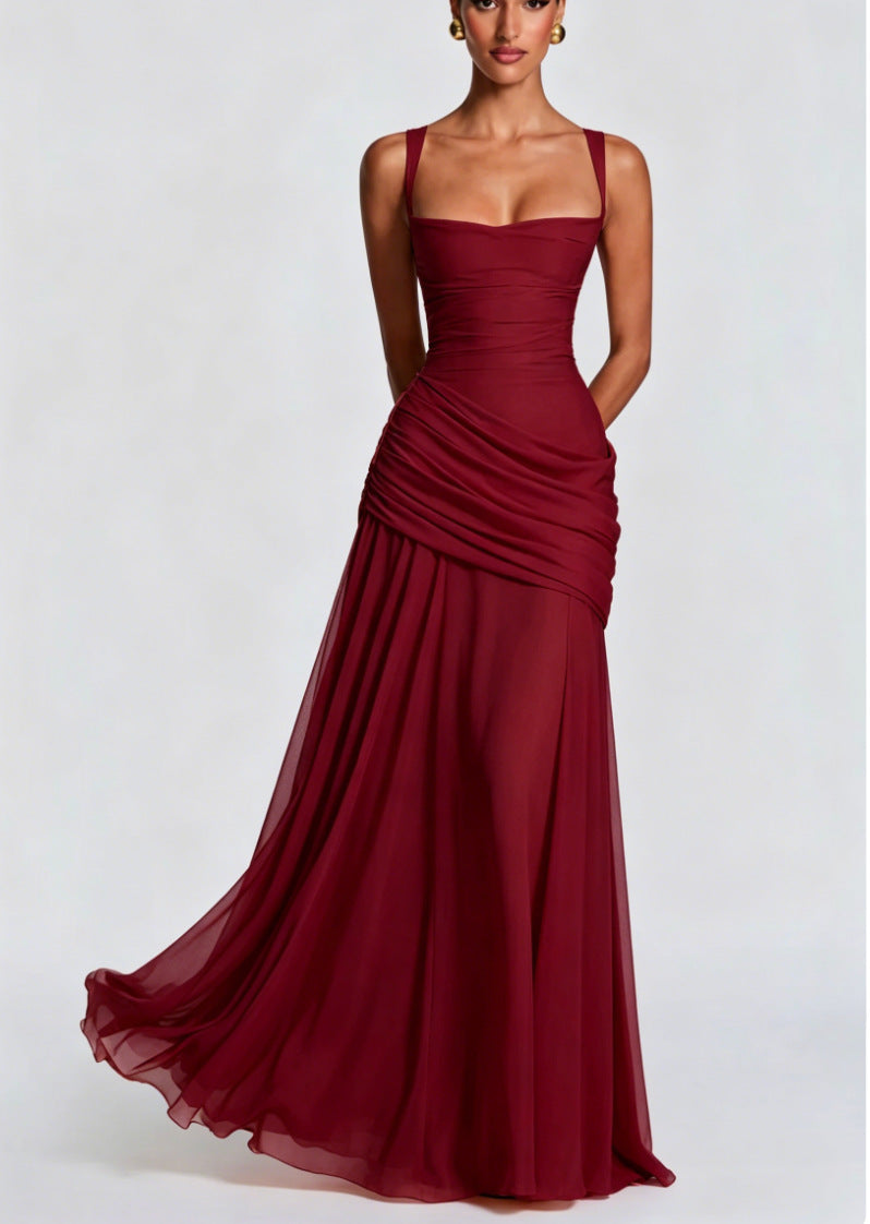 Women's Elegant Wedding Dress with Tailored Ruffles and Flowing Chiffon Skirt