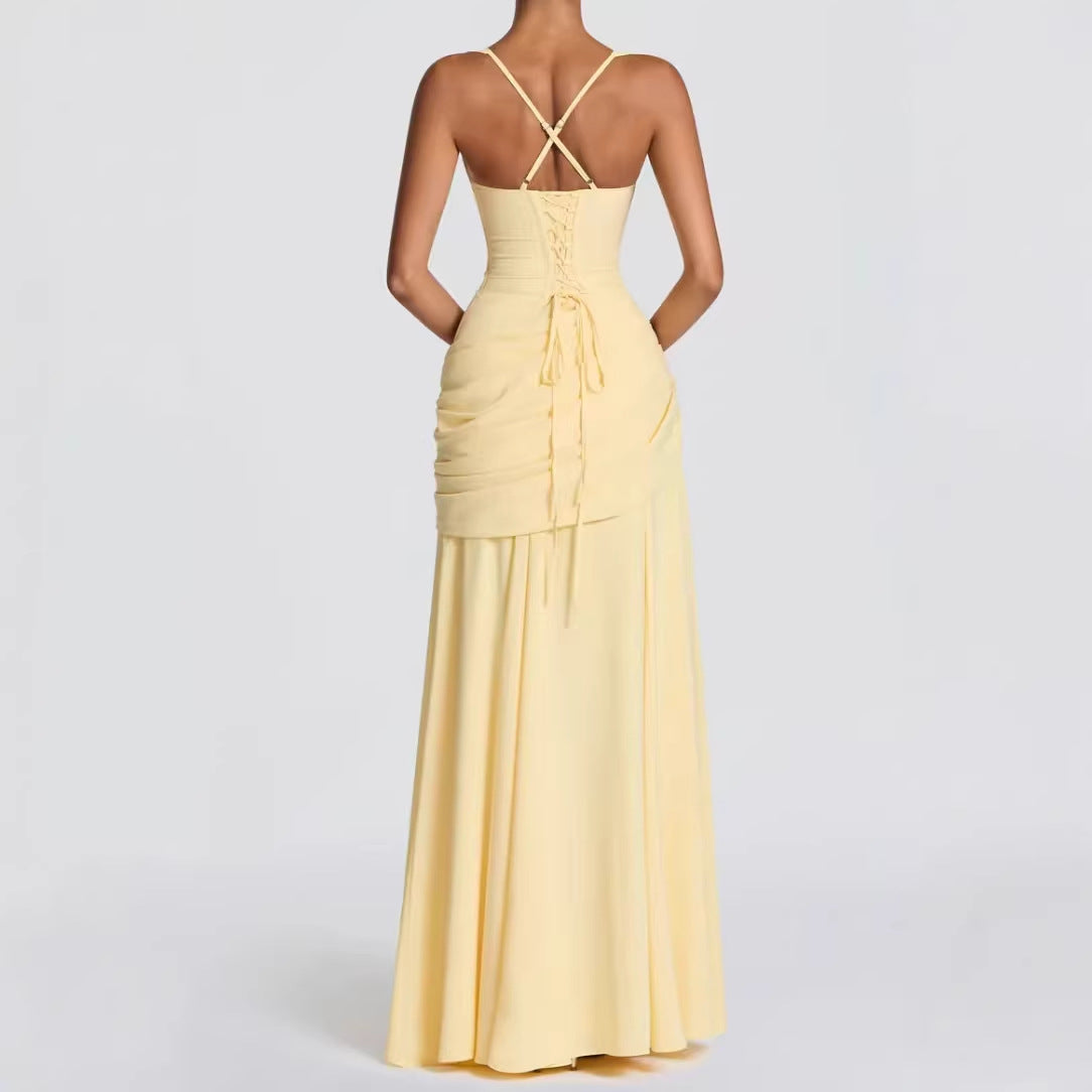 Women's Elegant Wedding Dress with Tailored Ruffles and Flowing Chiffon Skirt