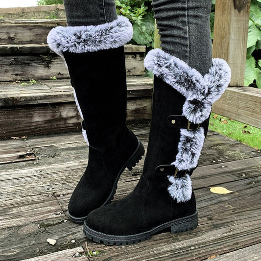 Women's Faux Suede Plush-Lined Buckle Knee High Boots