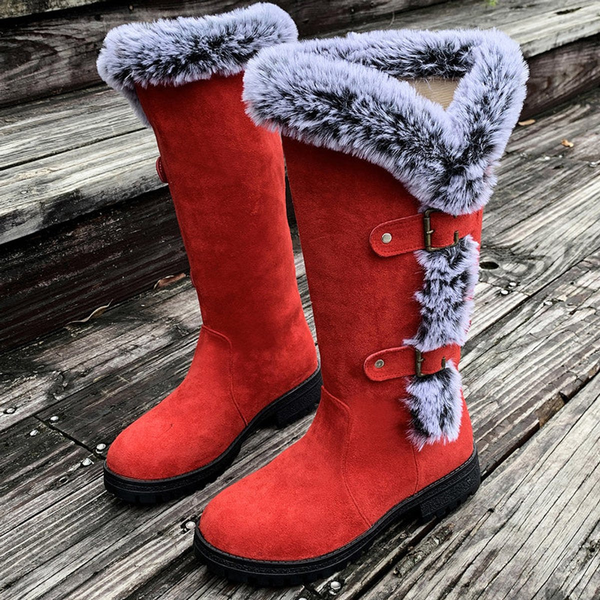 Women's Faux Suede Plush-Lined Buckle Knee High Boots