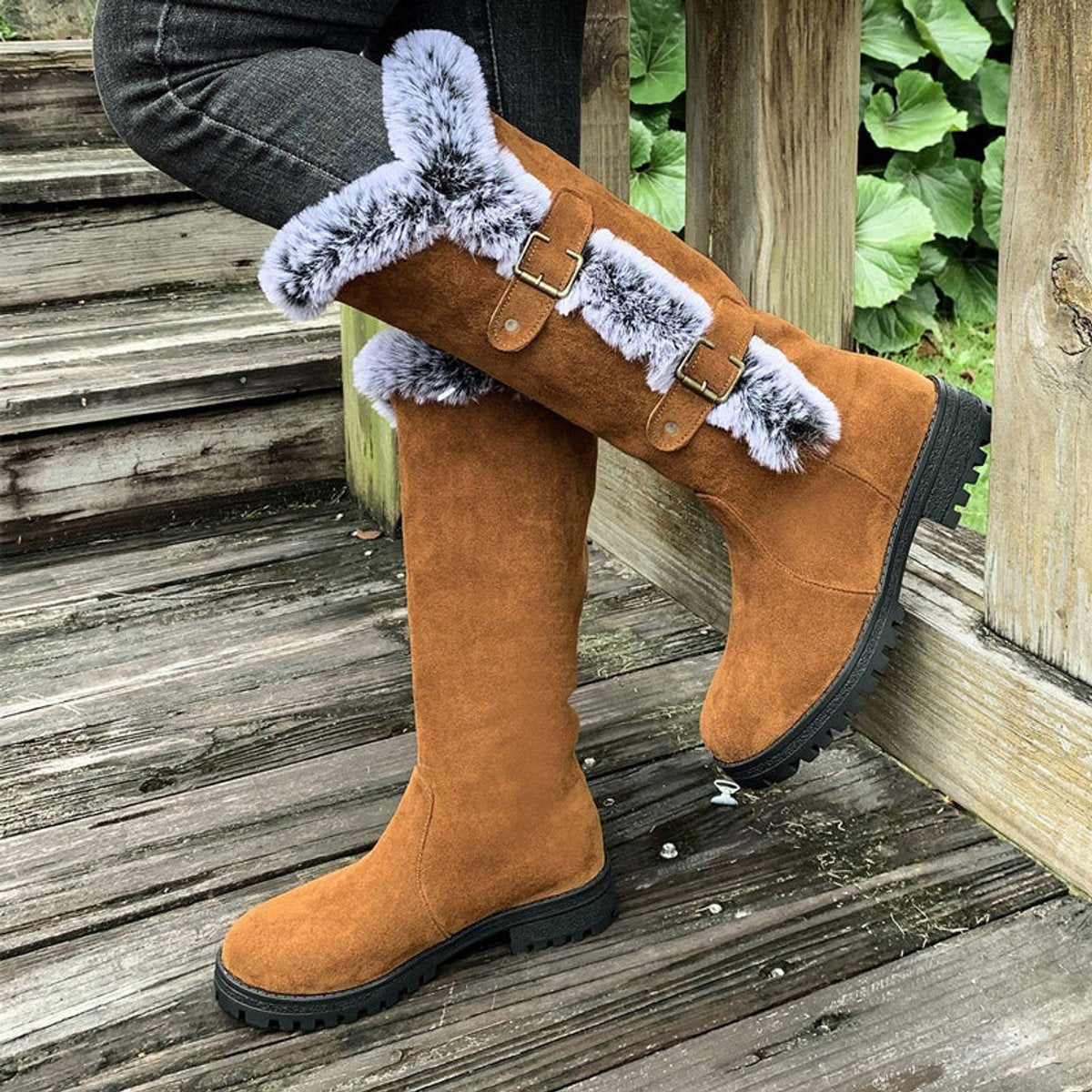 Women's Faux Suede Plush-Lined Buckle Knee High Boots