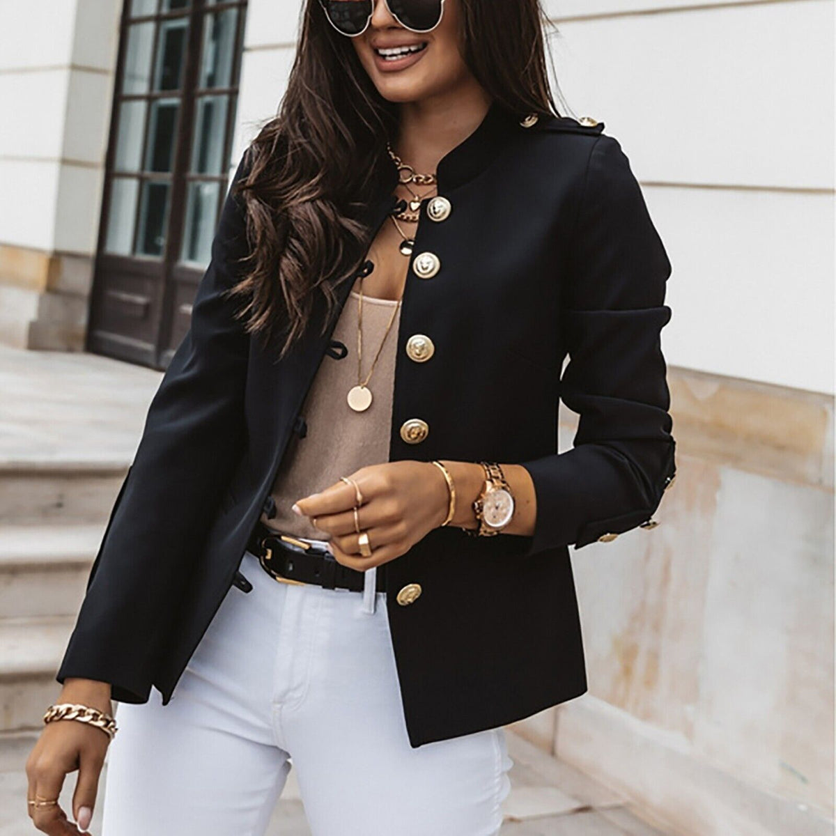 Women's Fitted Blazer Jacket with Front Buttons