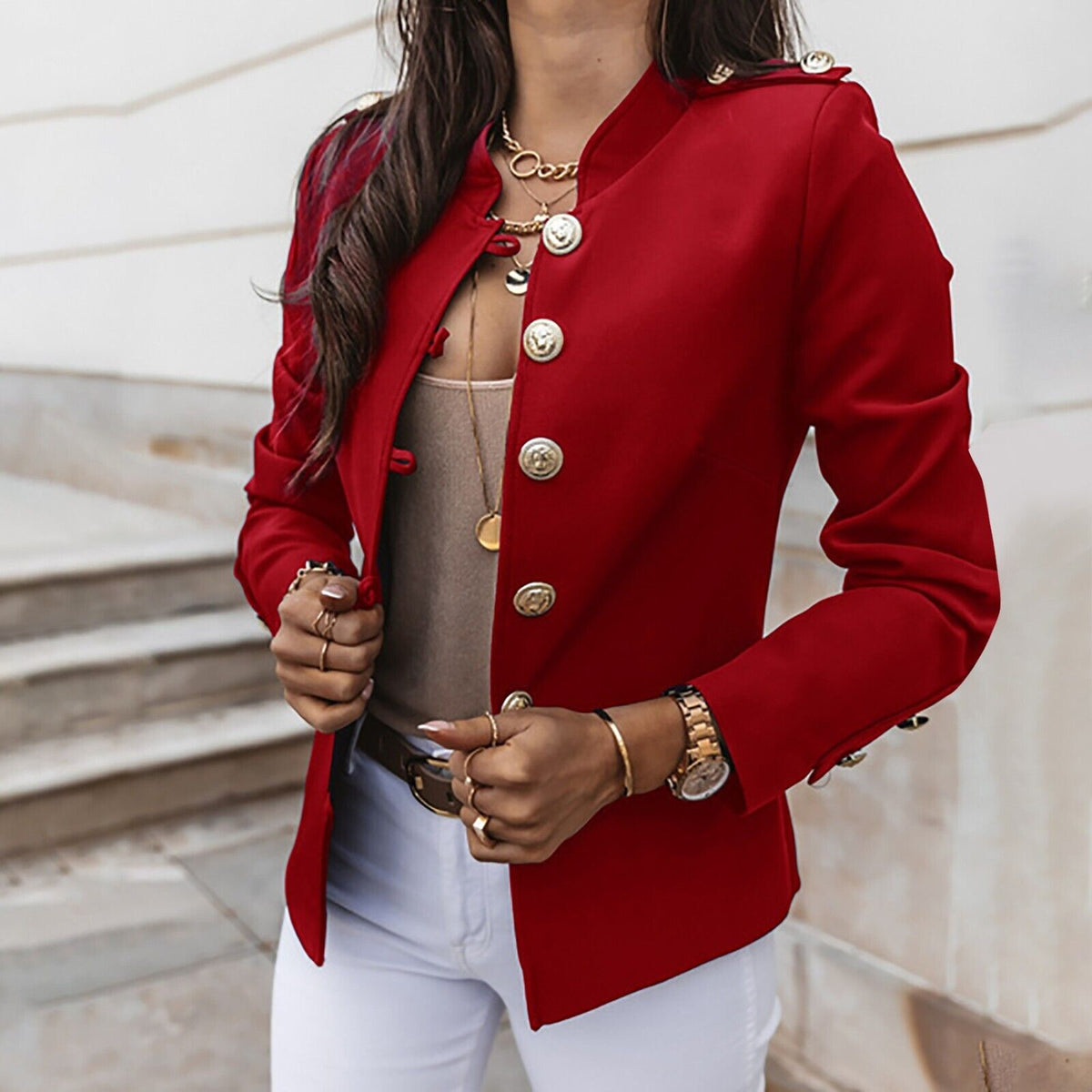 Women's Fitted Blazer Jacket with Front Buttons