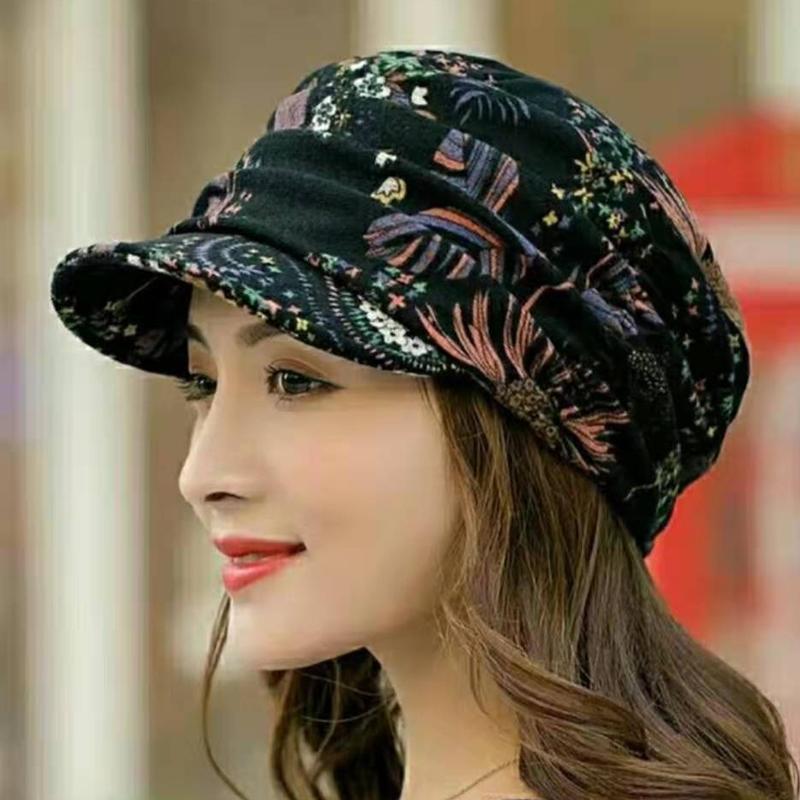 Women's Floral Pleated Short-Brim Cap - Warm and Stylish