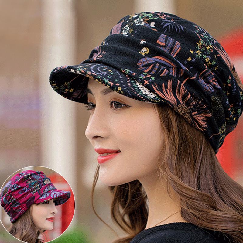 Women's Floral Pleated Short-Brim Cap - Warm and Stylish