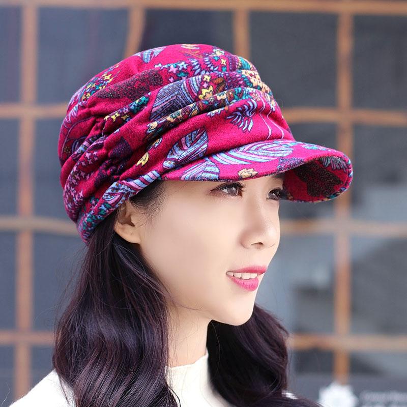 Women's Floral Pleated Short-Brim Cap - Warm and Stylish