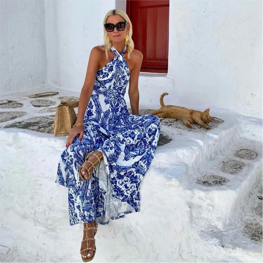Women's Floral Print Halter Maxi Dress