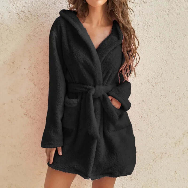 Women's Fluffy Hooded Knee-Length Bathrobe