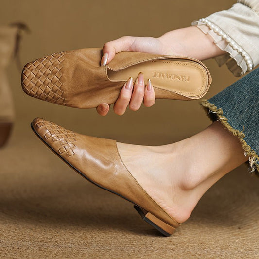 Women's Genuine Leather Woven Square-Toe Mules