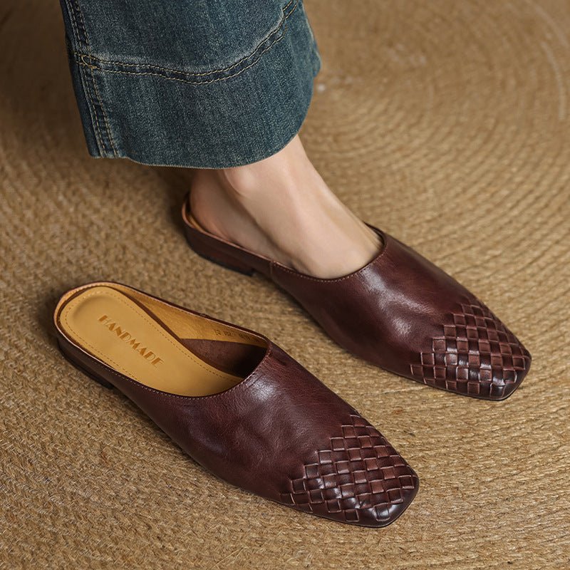 Women's Genuine Leather Woven Square-Toe Mules